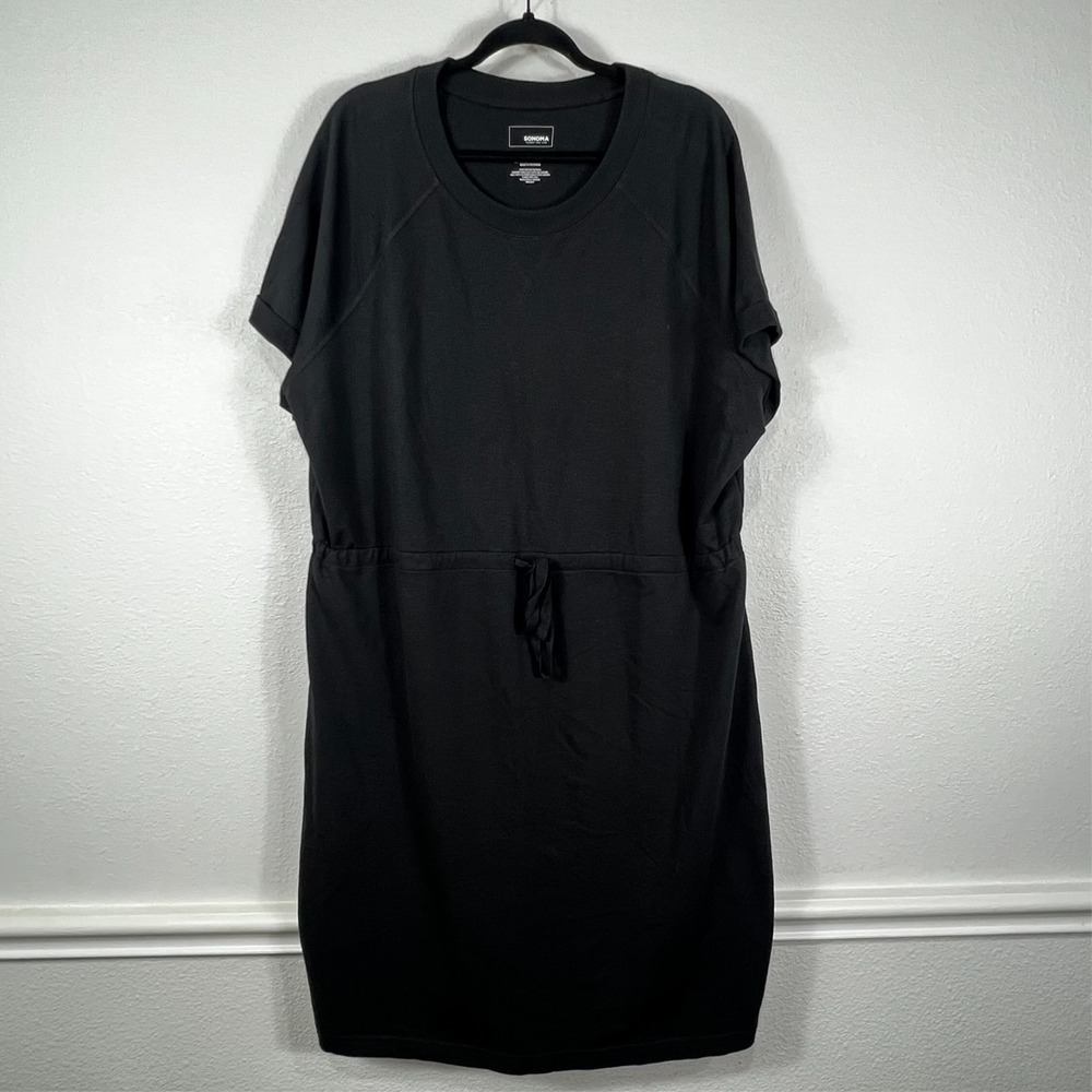 Sonoma Sweatshirt Dress Drawstring Waist Short Sleeve Black Womens 2XT